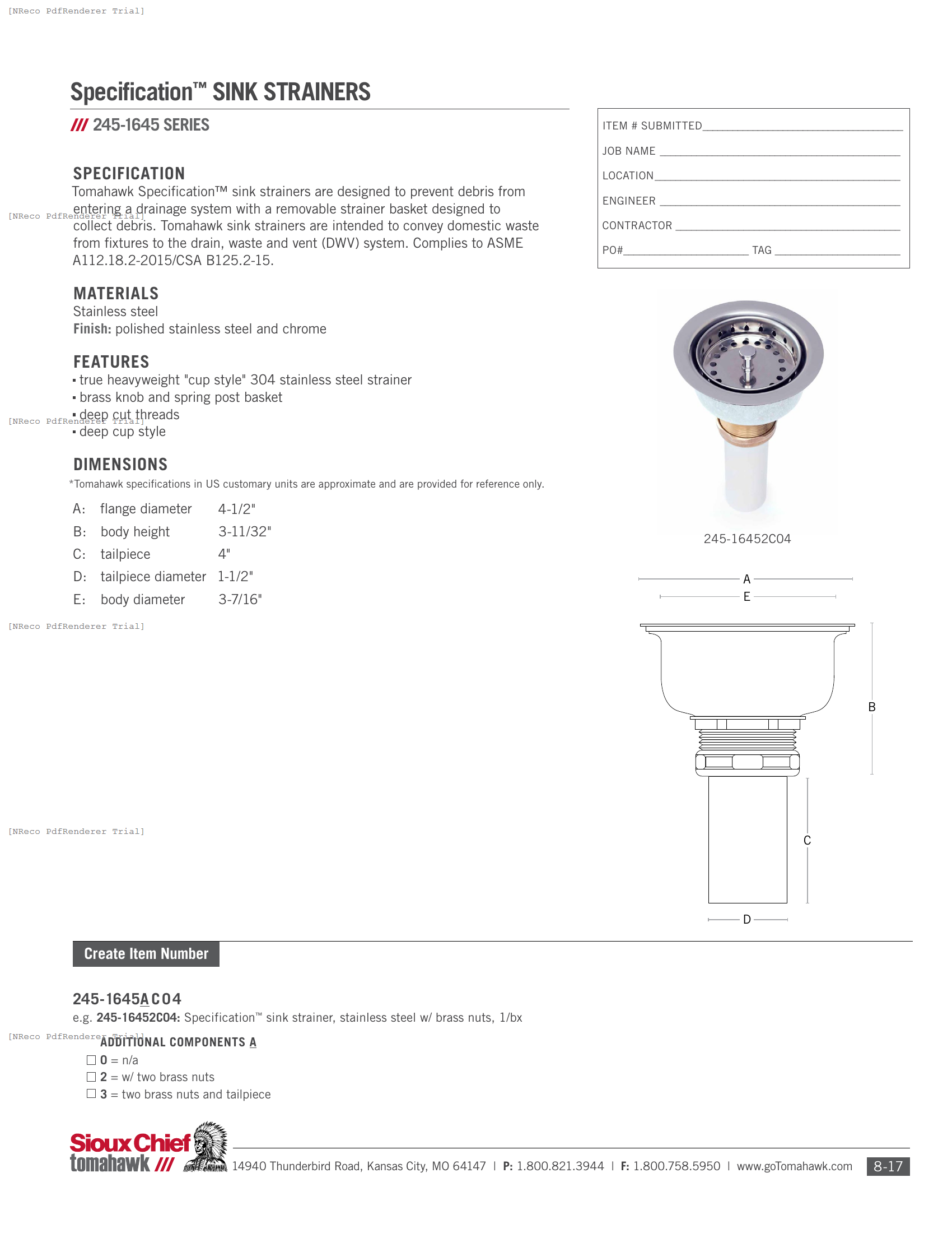 245-1645 SERIES - SPECIFICATION SINK STRAINER - SPEC SHEET.PDF Specification Document